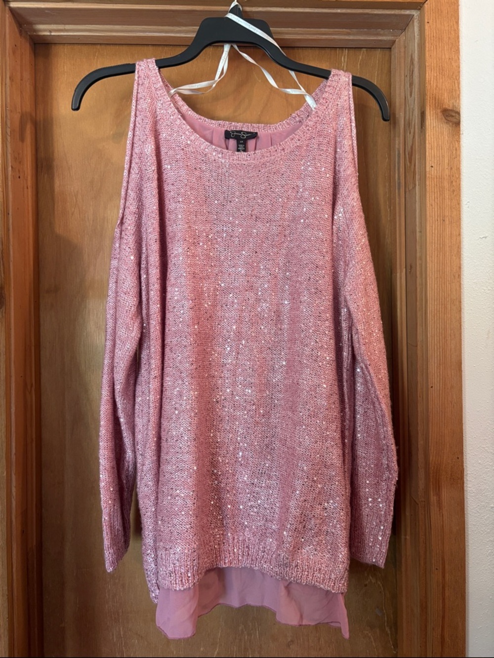 Jessica Simpson Pink Sequin Off-the-Shoulder Sweater with Chiffon Hem